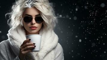 modieus vrouw in winter jas en zonnebril met kop van heet drinken ai gegenereerd foto