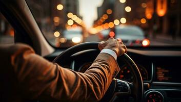 detailopname van een Mens het rijden een auto in de stad ai gegenereerd foto