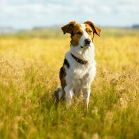 een hond met een bruin gezicht en een wit gezicht is staand in een veld. foto