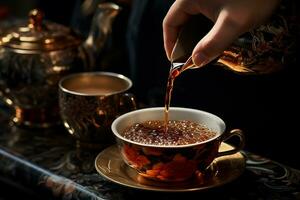 hand- gieten heet thee van theepot in een luxe motief kop ai generatief foto