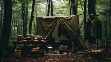 generatief ai, camping buitenshuis concept in neutrale gedempt kleuren, toerist kamp foto