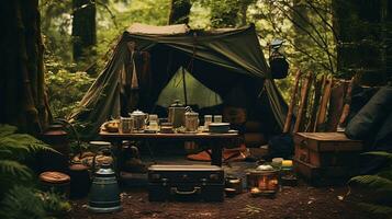 generatief ai, camping buitenshuis concept in neutrale gedempt kleuren, toerist kamp foto