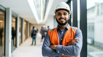 zelfverzekerd ingenieur knap Mens staand armen gekruiste Bij modern huis gebouw. architect met wit veiligheid helm Bij bouw plaats ai generatief foto