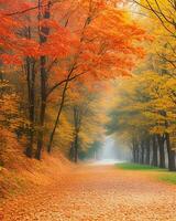 foto weg is omringd door bomen met kleurrijk bladeren gedurende vallen ai-gegenereerd