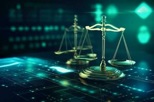 digitaal wet concept van dualiteit van rechterlijke macht jurisprudentie en gerechtigheid en gegevens in de modern wereld foto