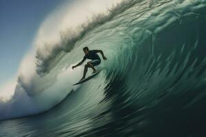 surfer Aan blauw oceaan Golf, 3d illustratie, generatief ai foto