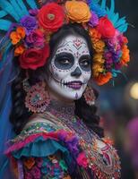 mooi vrouw met geschilderd schedel Aan haar gezicht voor Mexico dag van de dood foto