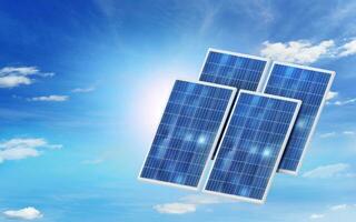 zonne- macht generatie systeem van zonne- panelen met vers lucht achtergrond in schoon technologie voor een beter toekomst foto