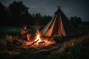 kampvuur en tent net zo zomer vakantie in wild natuur generatief ai foto