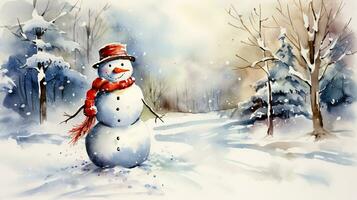 sneeuwman. een vrolijk sneeuwman in een rood klap en een gebreid sjaal. foto