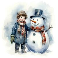 waterverf illustratie van een jongen en een sneeuwman in winter kleren. foto
