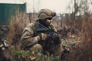 gewapend soldaat van de grond leger krachten onderzoekt de oorlog zone generatief ai foto