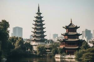 Chinese klok toren en stad mijlpaal gebouw generatief ai foto