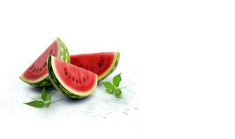 watermeloen plakjes Aan een wit achtergrond met ruimte voor tekst. rood rijp biologisch watermeloen. foto