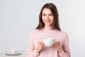 vrouw koffie kop dichtbij omhoog portret ai generatief foto