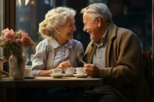 gelukkig ouderen mensen in cafe foto