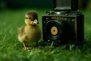 eendjes in de midden- van de gras met de camera ai generatief foto