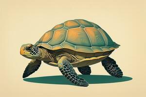 illustratie van een schildpad Aan een groen achtergrond in tekenfilm stijl. ai generatief foto