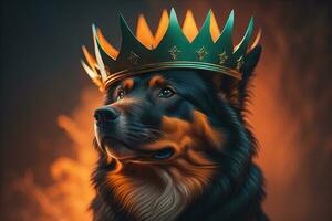 portret van een schattig hond in een gouden kroon Aan een solide kleur achtergrond. ai generatief foto