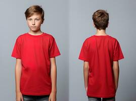 voorkant en terug keer bekeken van een weinig jongen vervelend een rood t-shirt. ai gegenereerd foto
