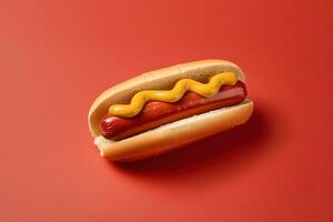 heet hond met mosterd en ketchup geïsoleerd Aan een rood achtergrond. ai gegenereerd foto