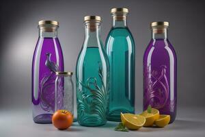 een rij van glas flessen met gekleurde vloeistof. ai generatief foto