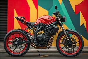 modern krachtig sport- motorfiets Aan een kleurrijk achtergrond. ai generatief foto