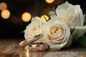 ai generatief gouden bruiloft ringen liggen Aan hout vloeren foto
