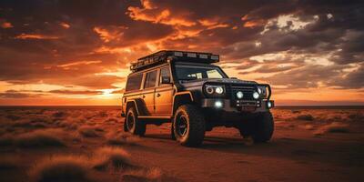 Afrikaanse safari voertuig stopt in woestijn voor dramatisch zonsondergang. ai gegenereerd foto