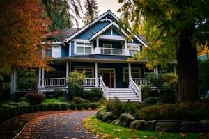 luxe huis met veranda, groot boom en mooi hoor landschap ai gegenereerd foto