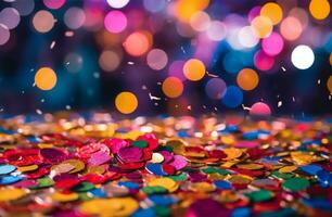 kleurrijk confetti in voorkant van kleurrijk achtergrond met bokeh voor carnaval ai gegenereerd foto