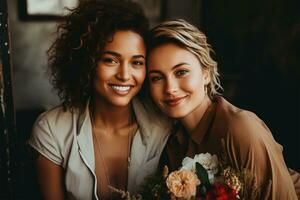 mooi jong lesbienne paar met boeket van bloemen op zoek Bij camera ai gegenereerd foto