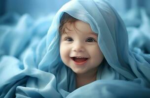 portret van een schattig weinig jongen Aan een blauw kleding stof achtergrond ai gegenereerd foto