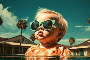 schattig baby met zonnebril in zwemmen zwembad. zomer vakantie concept ai gegenereerd foto