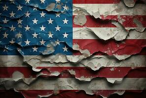 dichtbij omhoog grungy verweerd Verenigde Staten van Amerika vlag Aan muur met ruimte voor uw tekst ai gegenereerd foto