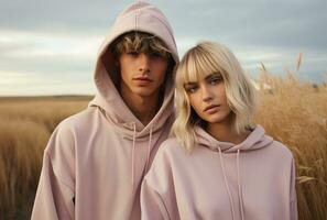 mode buitenshuis foto van mooi paar met blond haar- in elegant kleren poseren in tarwe veld- ai gegenereerd