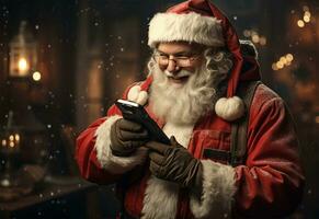 portret van de kerstman claus met mobiel telefoon in zijn handen. Kerstmis ai gegenereerd foto