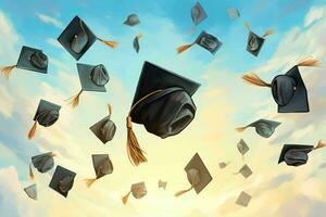 diploma uitreiking hoed achtergrond vliegend in de lucht foto