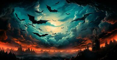veel vleermuizen vliegend in de donker nacht, feestelijk nacht van de dood, halloween - ai gegenereerd beeld foto