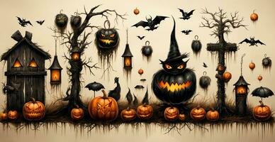 detailopname van gesneden halloween pompoenen, somber feestelijk achtergrond - ai gegenereerd beeld foto