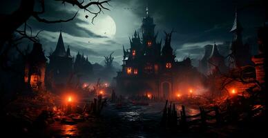 griezelig nacht in donker middeleeuws kasteel, eng atmosfeer voor halloween vakantie achtergrond concept - ai gegenereerd beeld foto