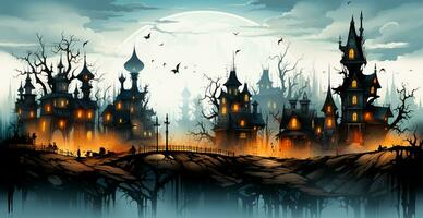griezelig nacht in donker middeleeuws kasteel, eng atmosfeer voor halloween vakantie achtergrond concept - ai gegenereerd beeld foto