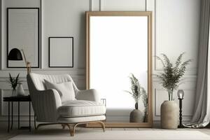 blanco afbeelding kader mockup Aan wit muur in modern stijl leven kamer, ai gegenereerd foto