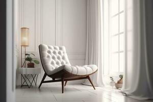 modern leven kamer hedendaags interieur ontwerp met een fauteuil Aan een leeg wit muur , ai gegenereerd foto