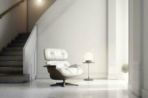 modern leven kamer hedendaags interieur ontwerp met een fauteuil Aan een leeg wit muur, ai gegenereerd foto