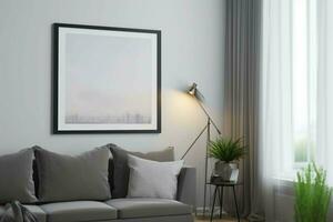 leven kamer interieur blanco afbeelding kader mockup in modern leven kamer met minimalistisch decor,, ai gegenereerd foto