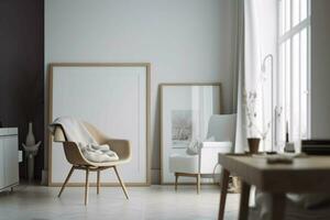 hedendaags leven ruimte met blanco afbeelding kader mockup en stoel, ai gegenereerd foto