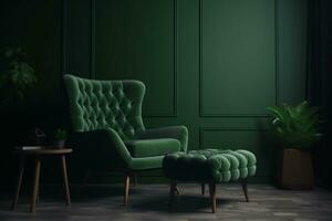 twee stoelen en tafel groen fauteuil met voetsteun in leven kamer Aan donker groen muur achtergrond, ai gegenereerd foto