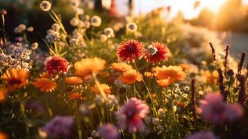 een levendig kleurrijk bloem tuin met groot bloemen, ai gegenereerd foto