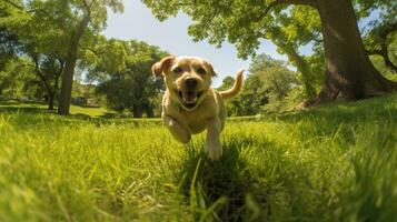 een speels hond achtervolgen een bal in een weelderig groen park gedurende een zonnig middag, ai gegenereerd foto